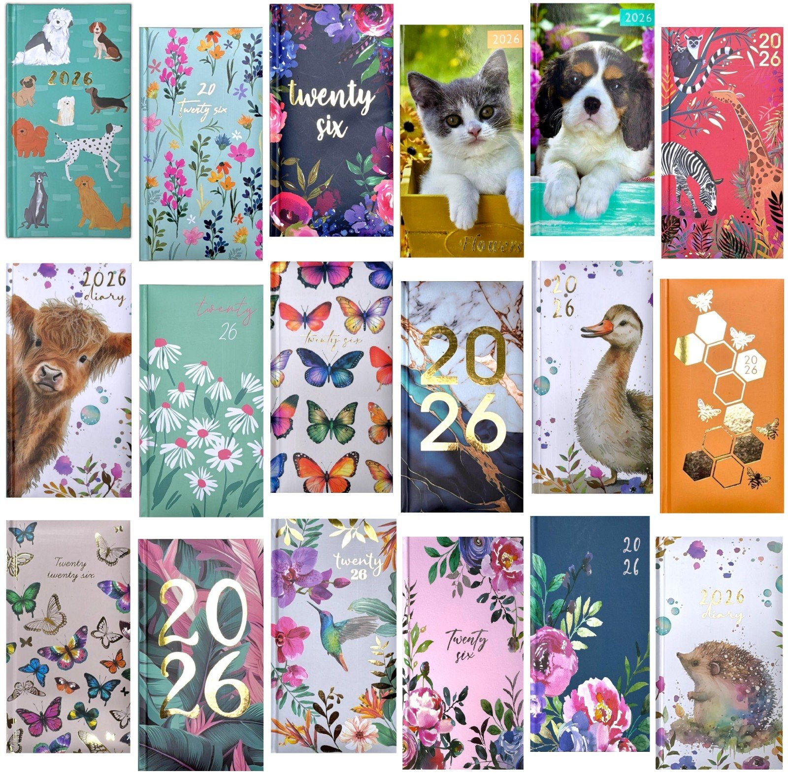 2026 Diary Slim Size Week to View Cute Floral Butterflies Dogs Full Year Planner