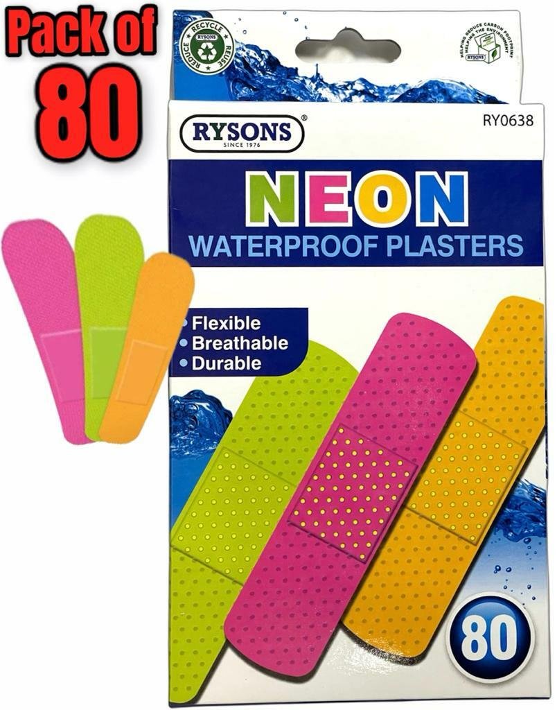 80 x Neon Waterproof Plasters Washproof Breathable Adhesive First Aid Healing