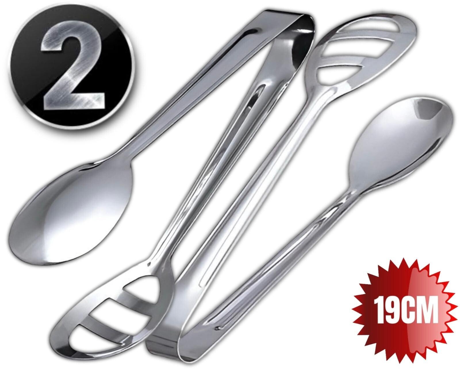 2PK STAINLESS STEEL MULTI PURPOSE KITCHEN FOOD SALAD ICE SERVING TONG TONGS 19CM