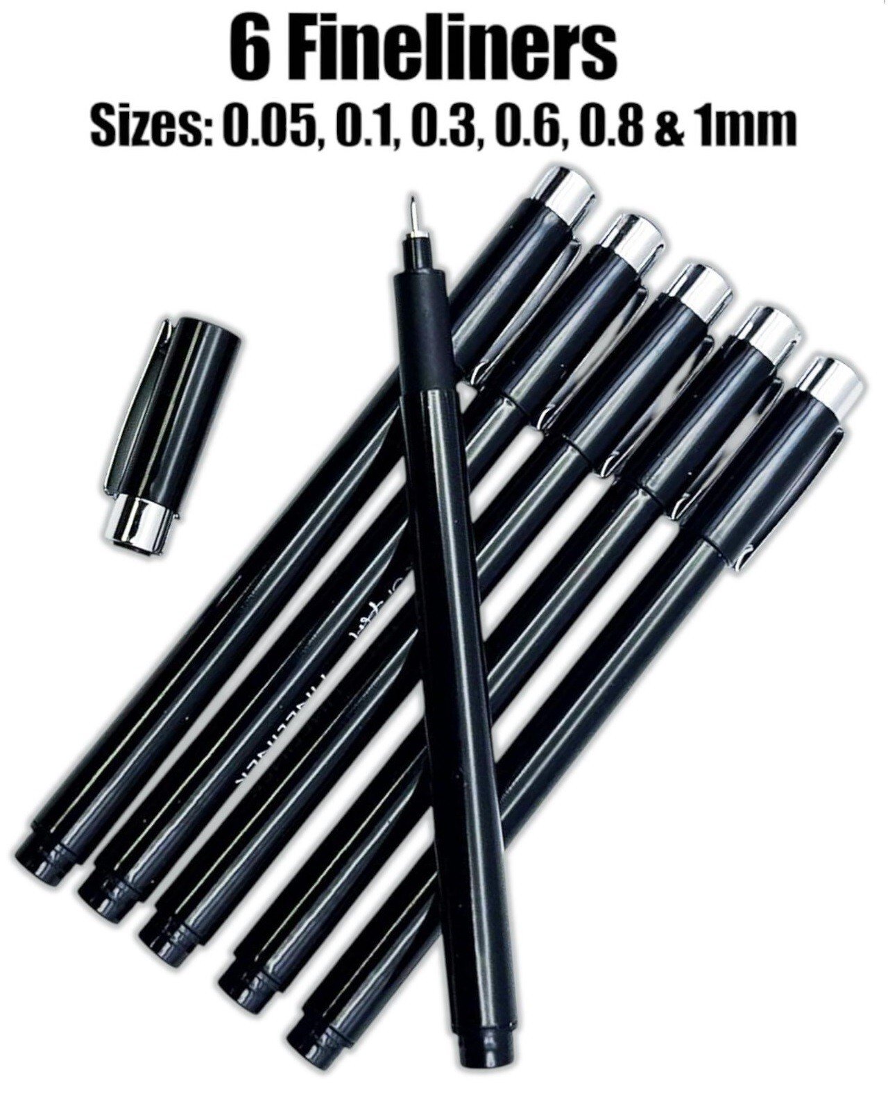 6 BLACK Fineliners Pens 0.05mm To 1mm Fine Liner Drawing Black Pigment Ink UK