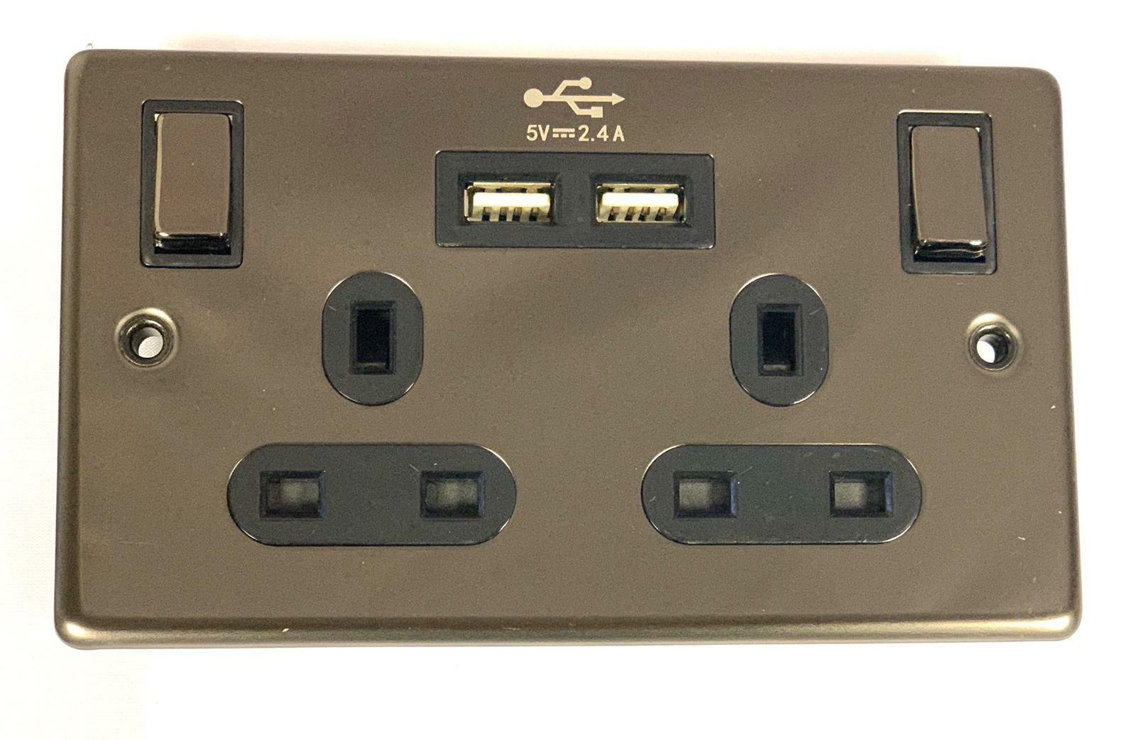 Double Wall UK Plug Socket 2 Gang 13A with 2 USB Charger Port Outlet Plate Gold