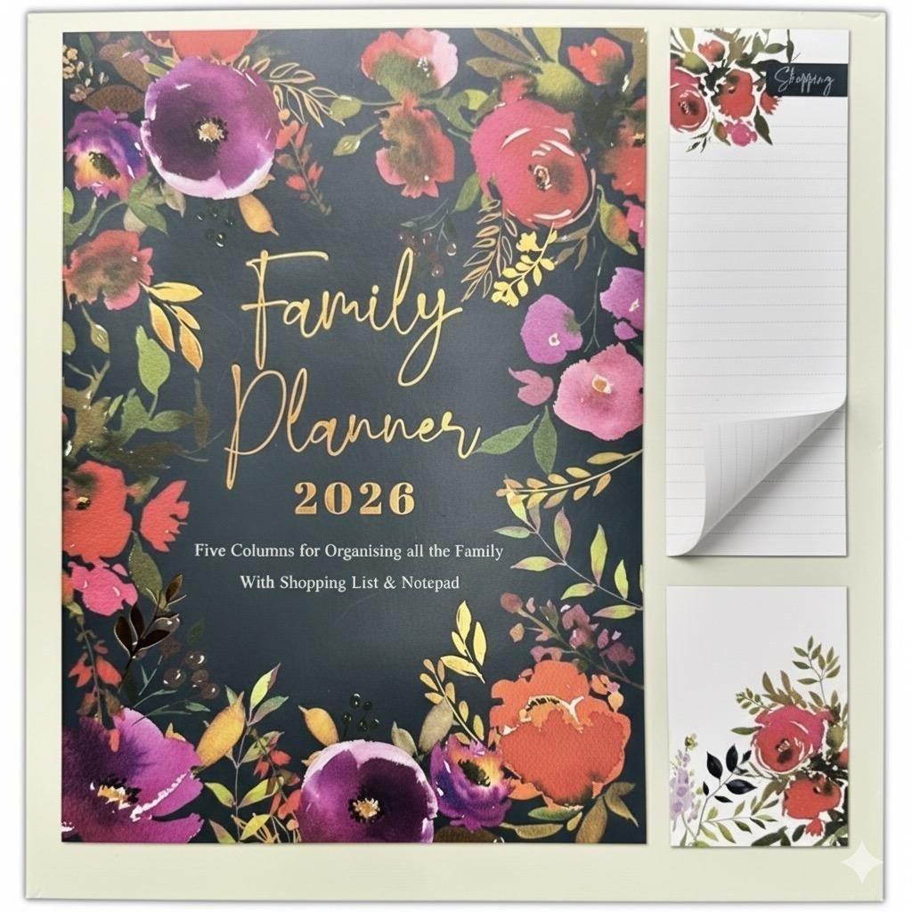2026 Family Organiser 5 Columns Calendar Planner Month to View Shopping Note Pad