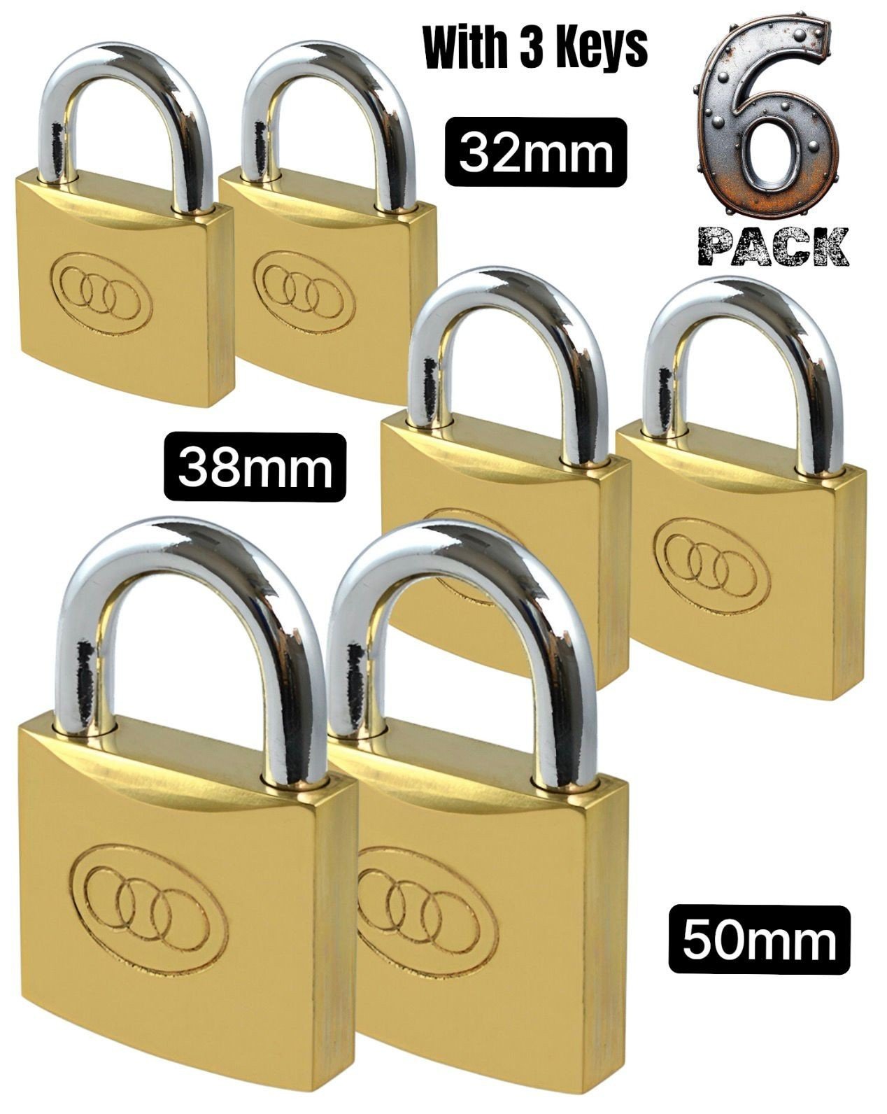 6 x Brass Padlock 32mm 38mm 50mm with 3 Keys luggage suitcase gym shed