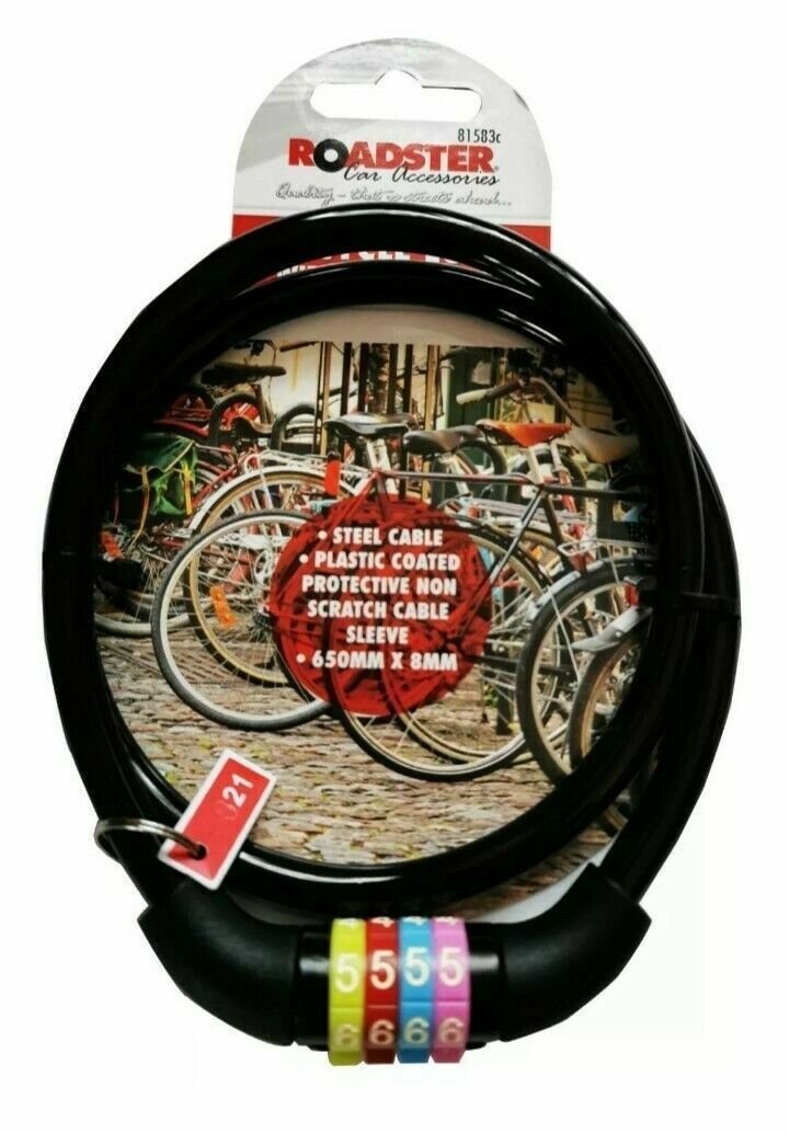 COMBINATION NUMBER CODE BIKE BICYCLE CYCLE LOCK 8MM BY 650MM STEEL CABLE BLACK.