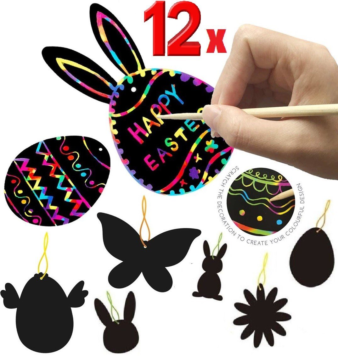 12pcs Easter Rainbow Scratch Art Novelty Kit Kids Crafts Home Activity Fun
