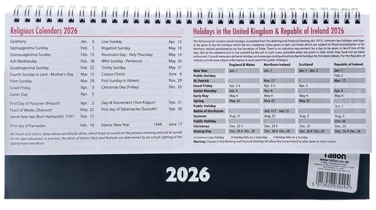 2026 Month To View Stand Up 27cmx17.5cm Spiral Desk Office Top Calendar Planner