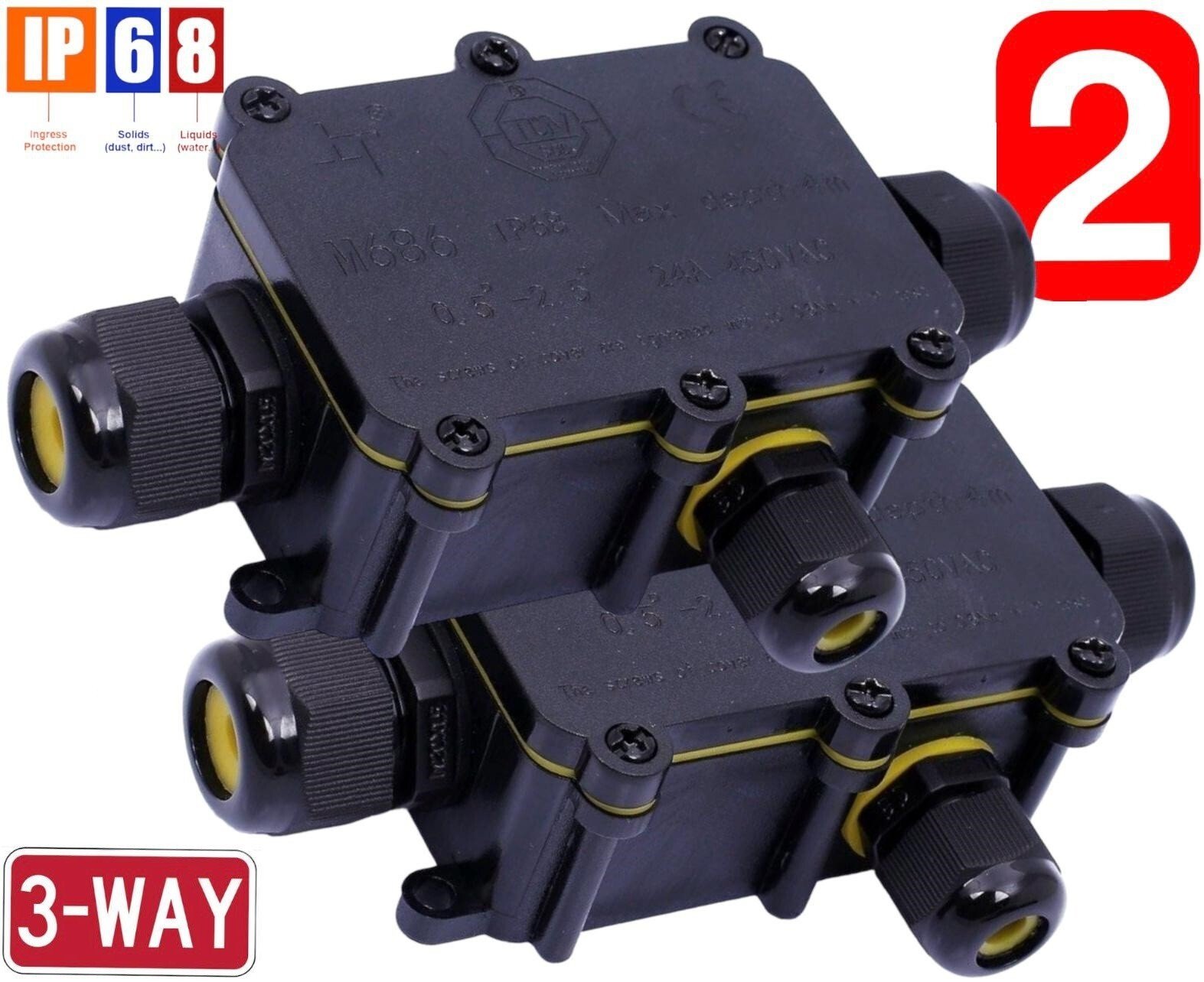 3 Way Waterproof Electrical IP68 Junction Box Cable Connector Wire Outdoor-2 Pcs
