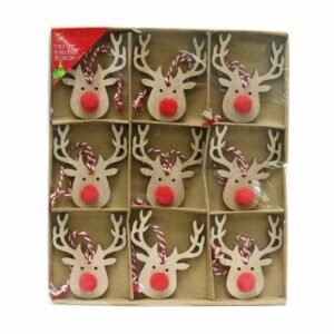 9x Reindeer Christmas Tree Decoration Wooden Rustic Hanging Red Nose Hang Bauble