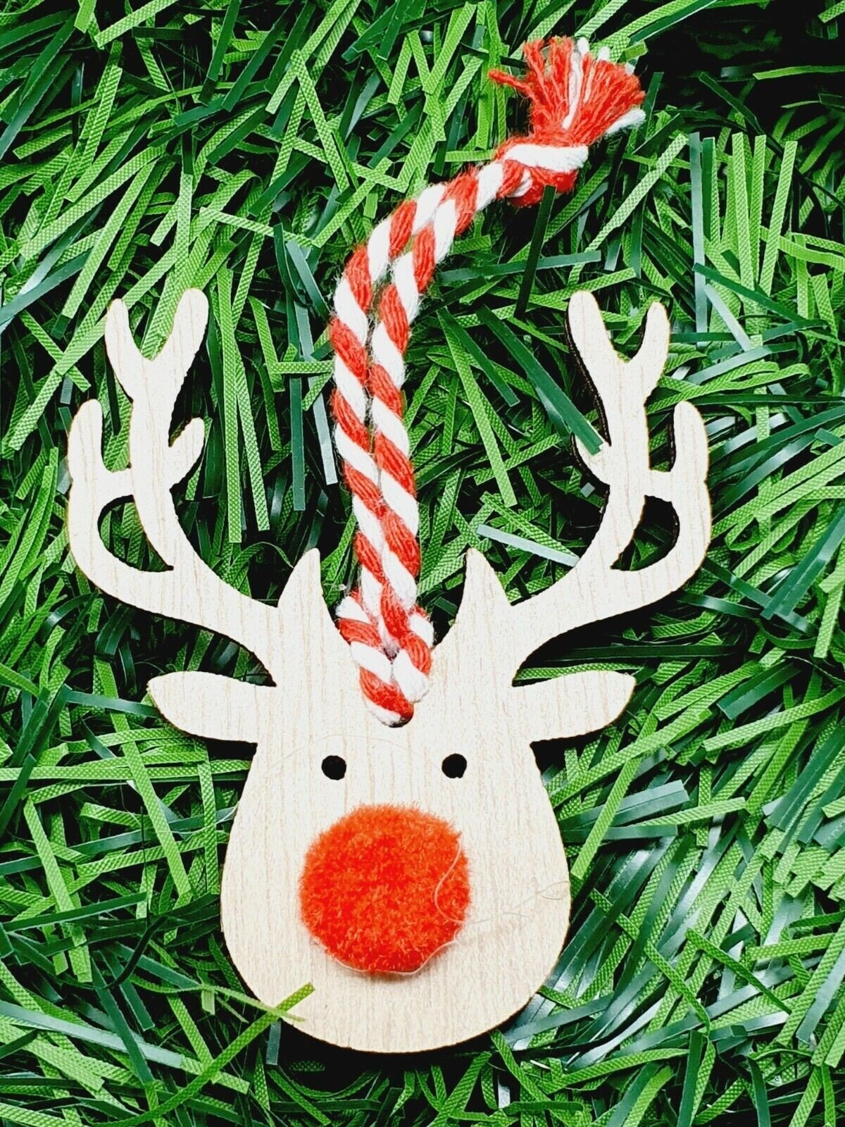 9x Reindeer Christmas Tree Decoration Wooden Rustic Hanging Red Nose Hang Bauble
