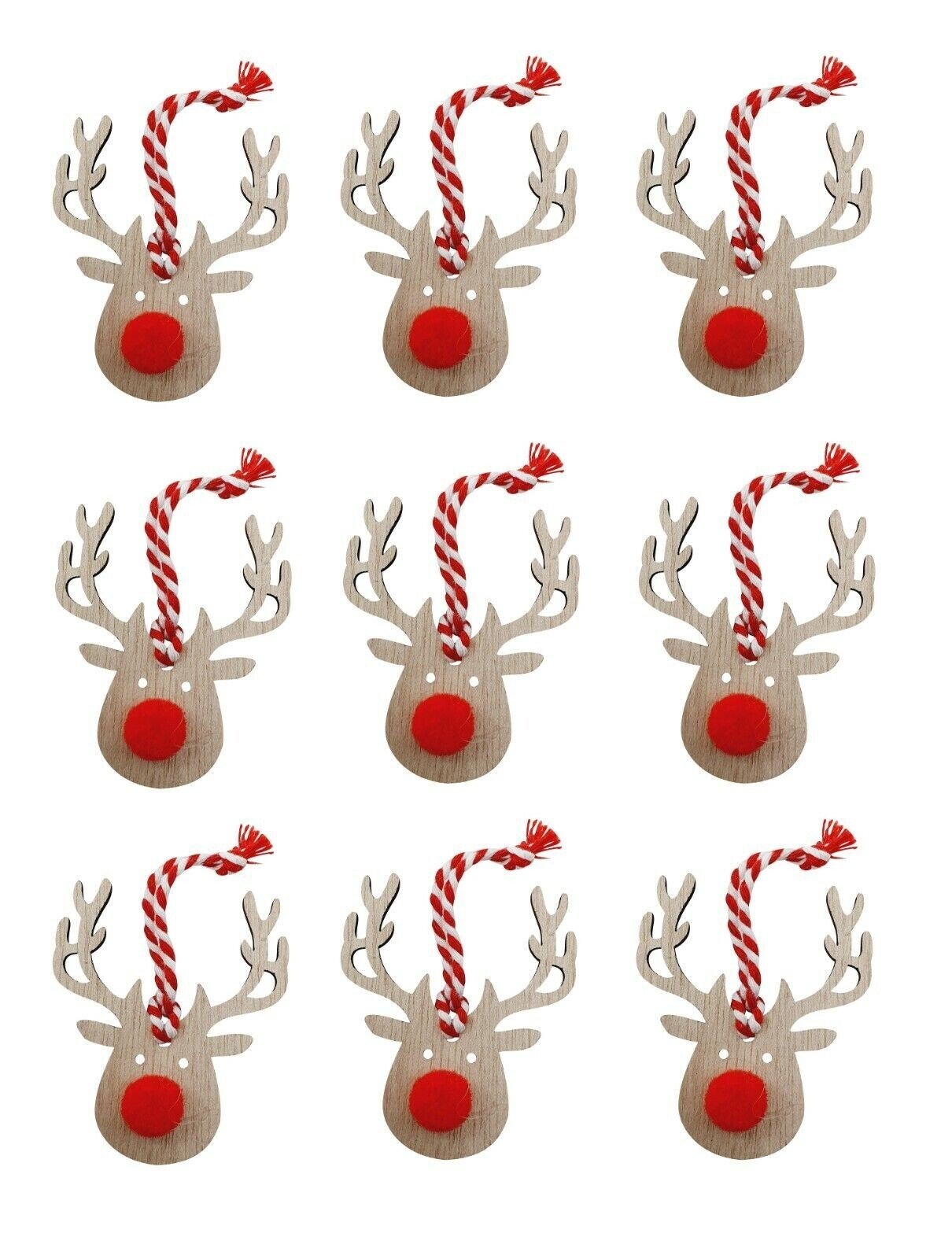 9x Reindeer Christmas Tree Decoration Wooden Rustic Hanging Red Nose Hang Bauble