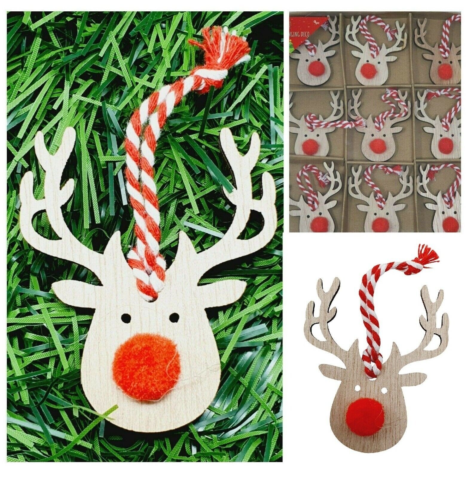 9x Reindeer Christmas Tree Decoration Wooden Rustic Hanging Red Nose Hang Bauble