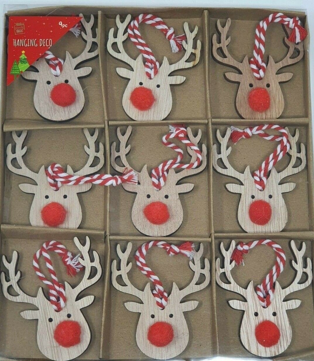 9x Reindeer Christmas Tree Decoration Wooden Rustic Hanging Red Nose Hang Bauble