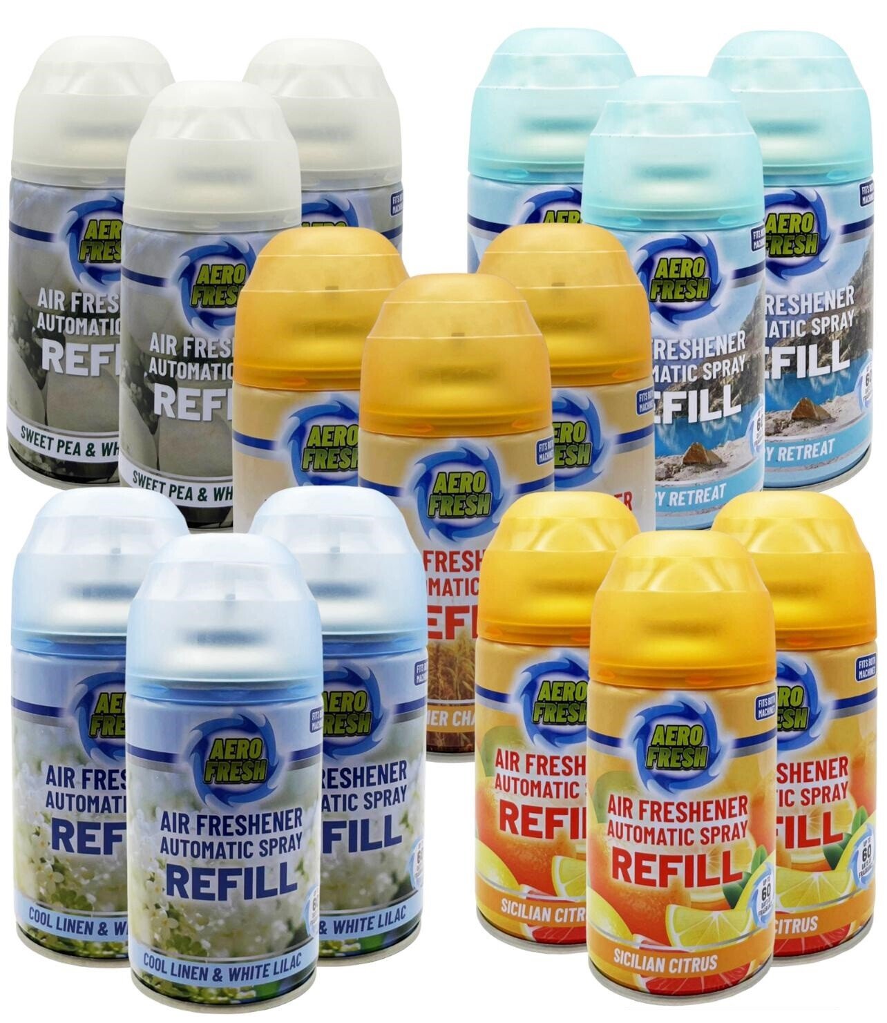 3 PACK AERO FRESH AUTOMATIC SPRAY REFILLS 250ML AIR FRESHNER ODOURS FRESH SCENTS