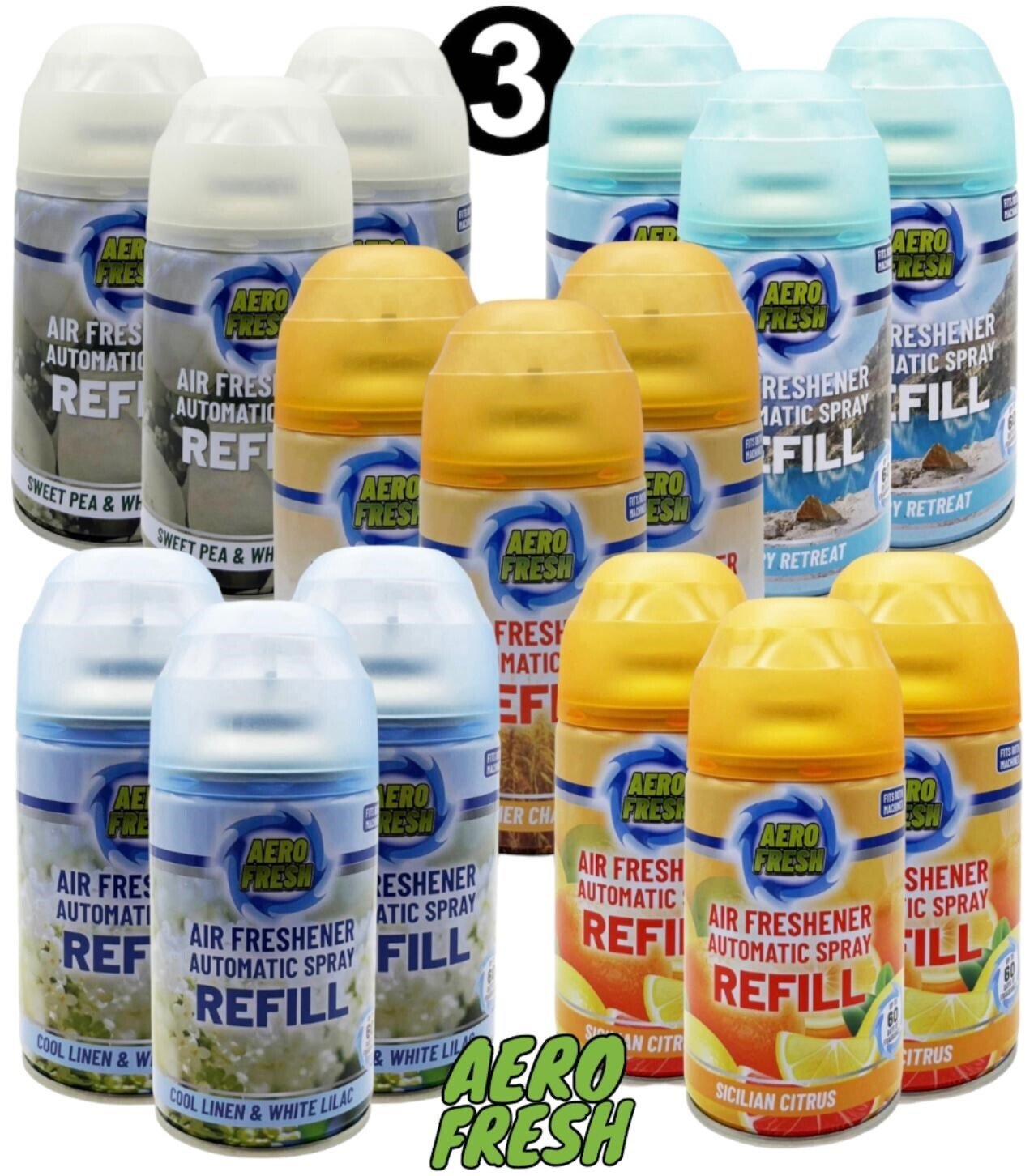 3 PACK AERO FRESH AUTOMATIC SPRAY REFILLS 250ML AIR FRESHNER ODOURS FRESH SCENTS