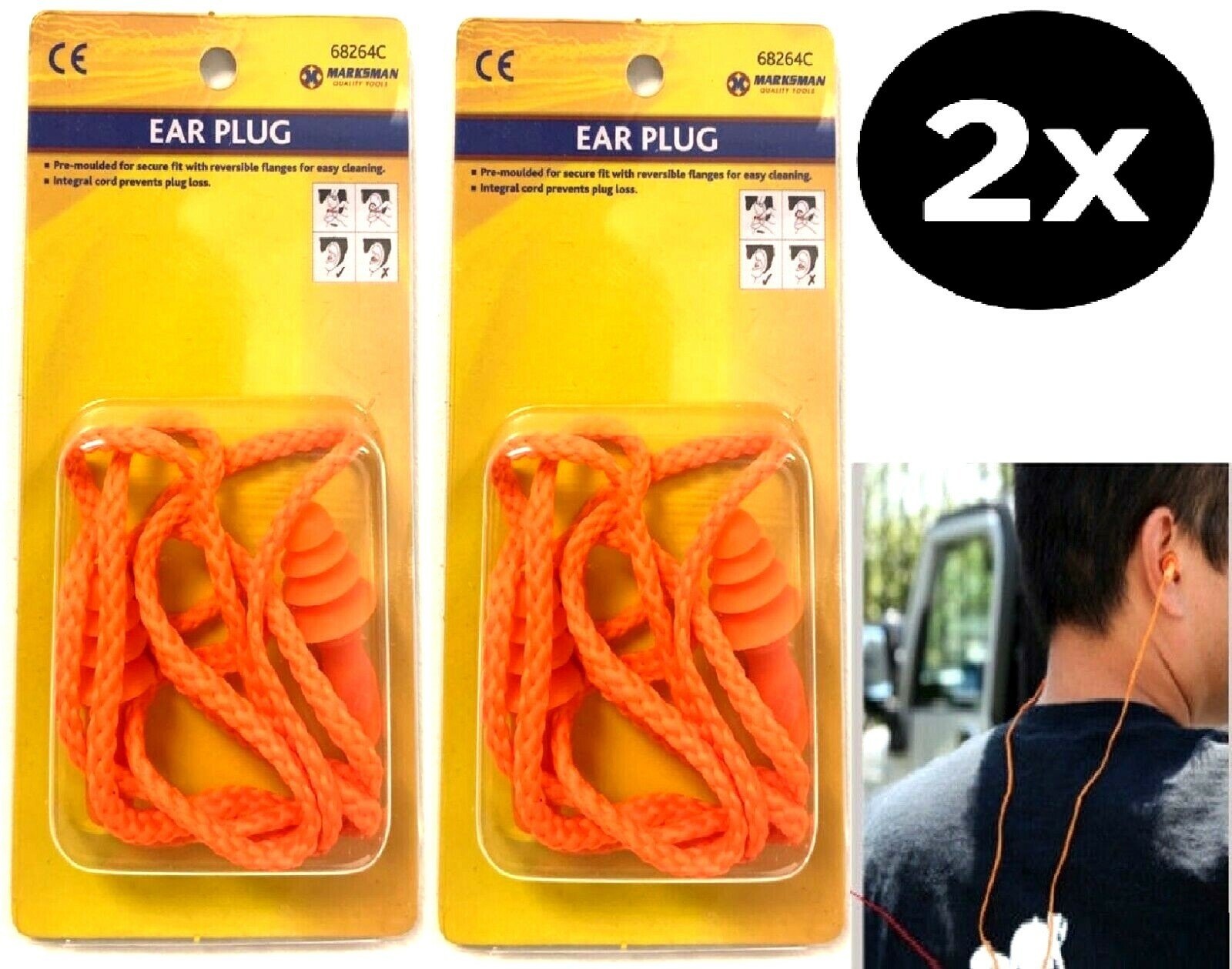2 Pairs Soft Moulded Reusable Corded Earplugs Hygienic Noise Reducing Ear Plugs