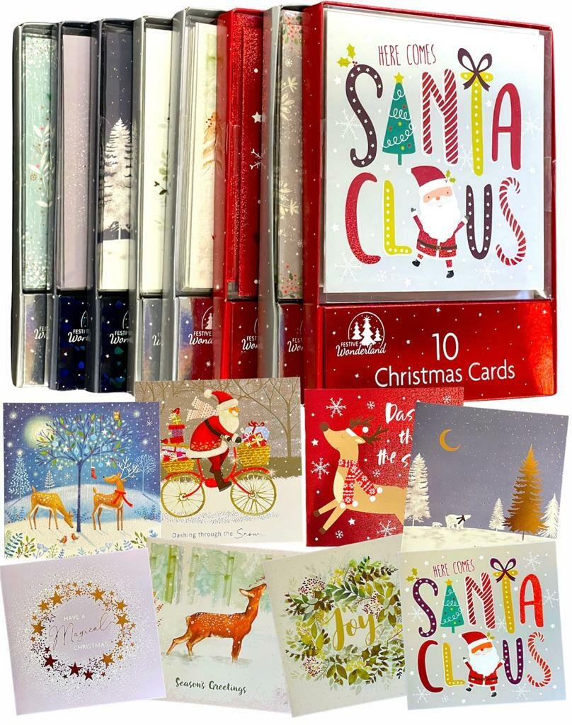 10/20/50 Pack Luxury Traditional Santa Square Xmas Christmas Cards & Envelopes
