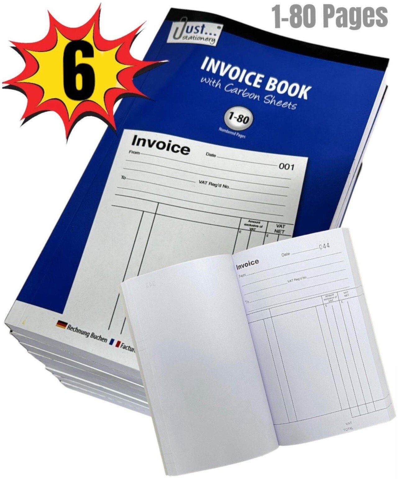 6 x Full Size Invoice Book A5 Receipt Book Pad Carbon Sheets Numbered 80 Pages