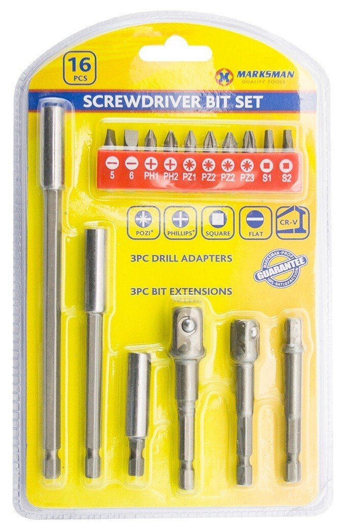 16PCS SCREWDRIVER BIT SET CHANGEABLE HEADS POZI*, PHILLIPS*, SQUARE, FLAT, CR-V