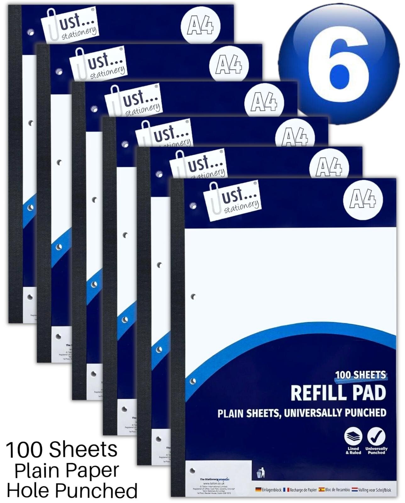 6x A4 Plain Refill Pad 100 Page Notepad Memo Writing Ruled Student Office School