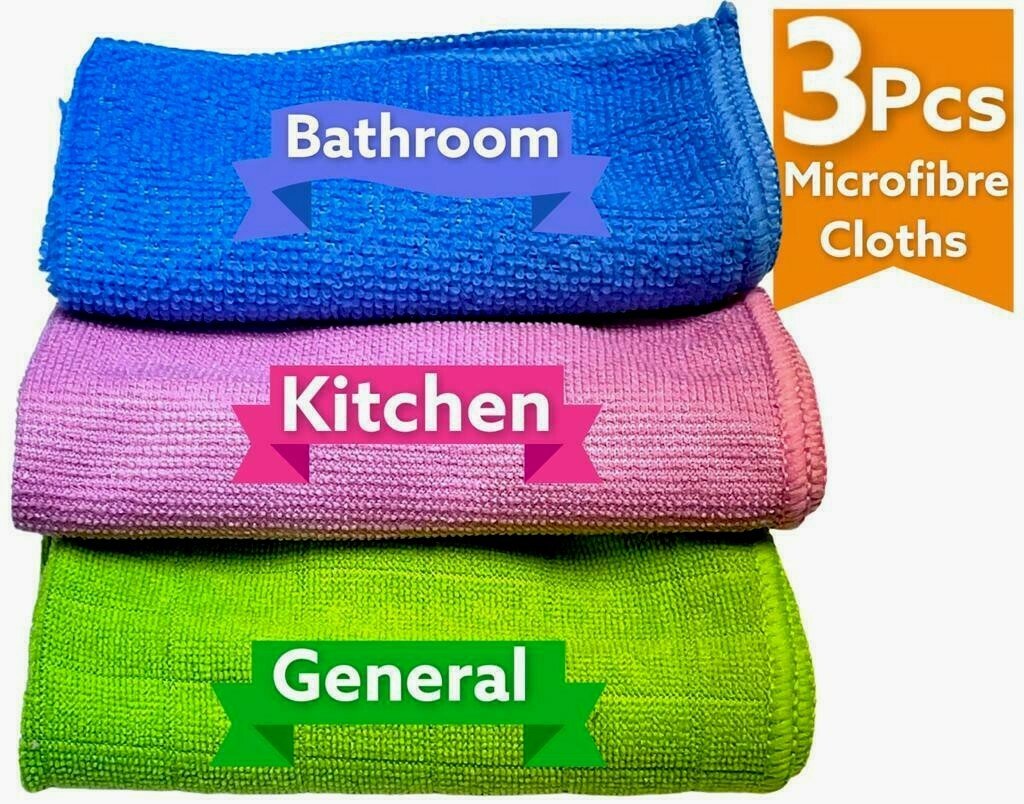 3 Microfibre Cleaning Cloths Soft Multi-Colours Kitchen Bathroom Glass Surfaces