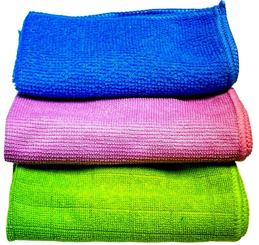 3 Microfibre Cleaning Cloths Soft Multi-Colours Kitchen Bathroom Glass Surfaces