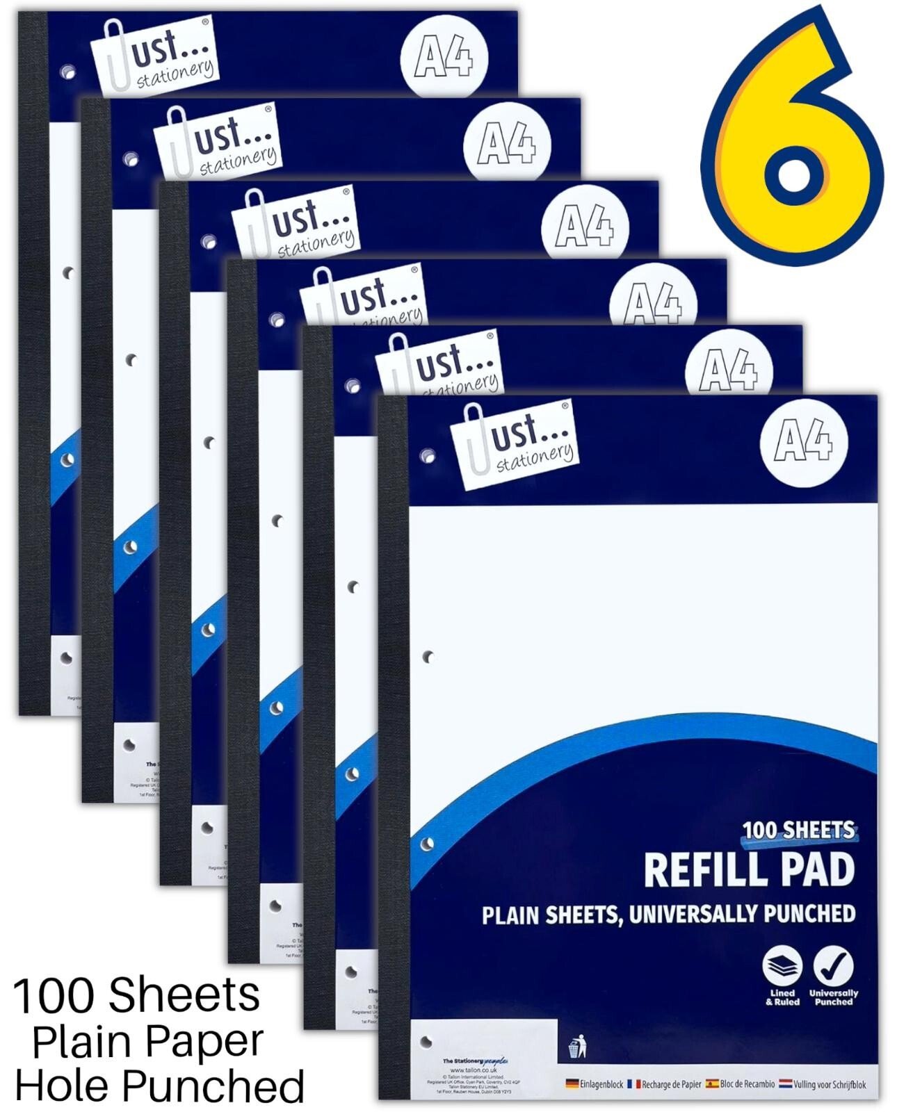 6 x A4 Plain Refill Pad 100 Page Paper Notepad Notebook Sidebound 54gsm Book