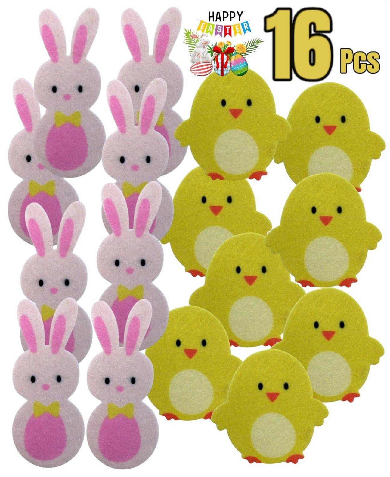 Easter 16 Felt Decorative Stickers Cute Card Crafts Embellishments Chicks, Bunny