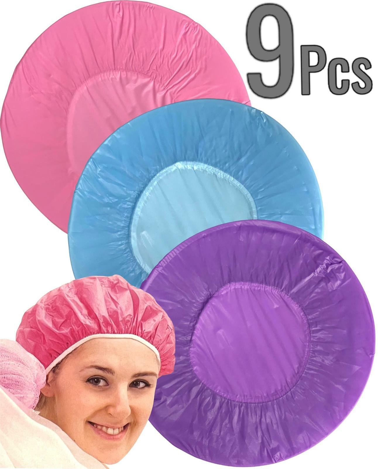 9 x Waterproof Elastic Shower Cap Hat Bath Head Hair Cover Salon Shower Cap