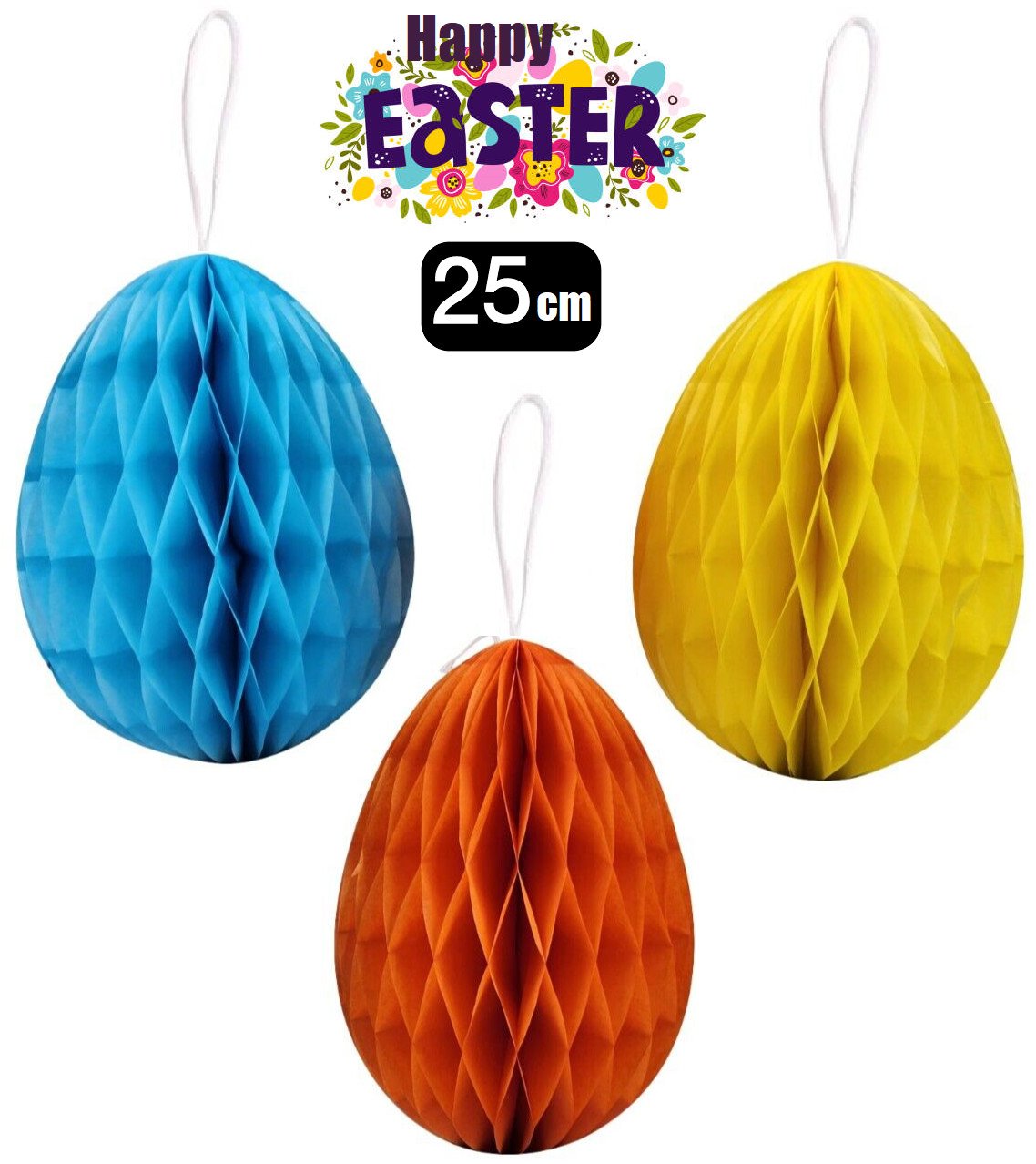 3 x Large 25cm Honeycomb Paper Baubles Easter Egg Hanging Decorations Party Tree