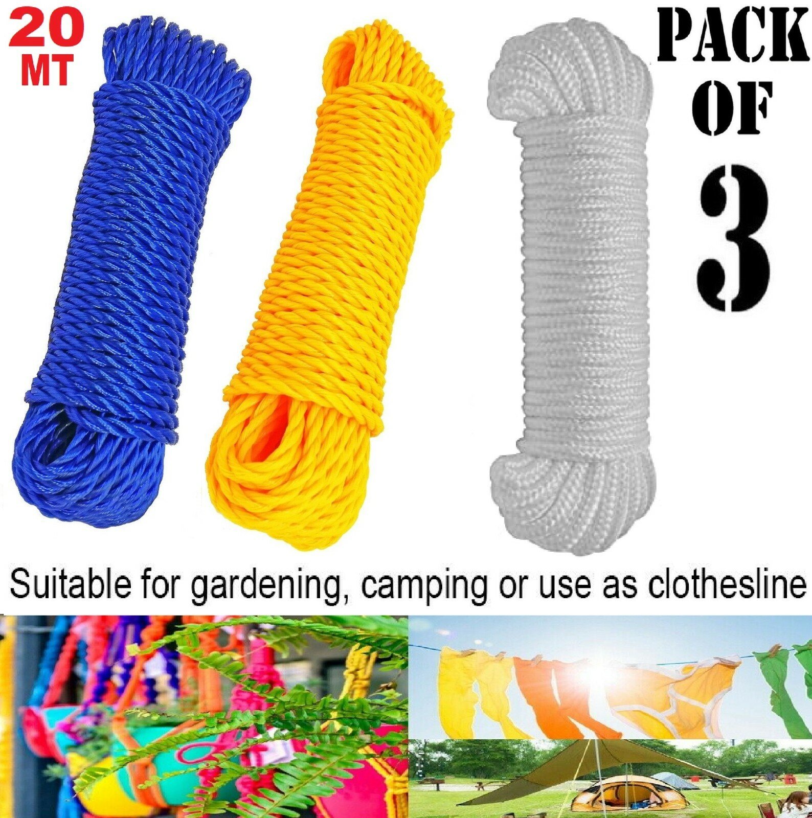 3Pcs 20MT Strong Nylon Rope Washing Clothes Line Bright Colored Garden Camping
