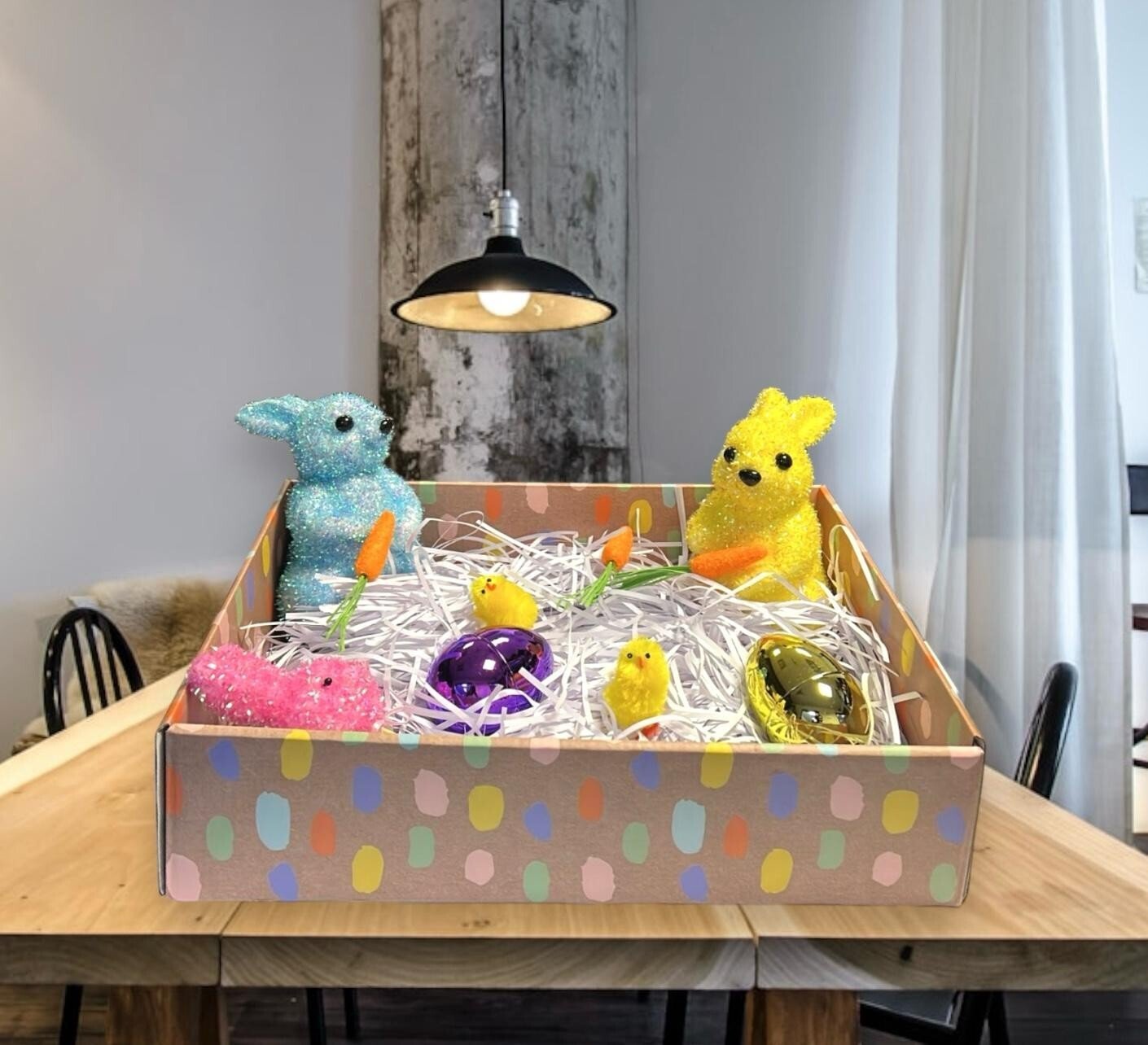 Easter Cardboard Gift Hamper Tray Easter Chicks Tinsel Bunny Easter eggs Wrap