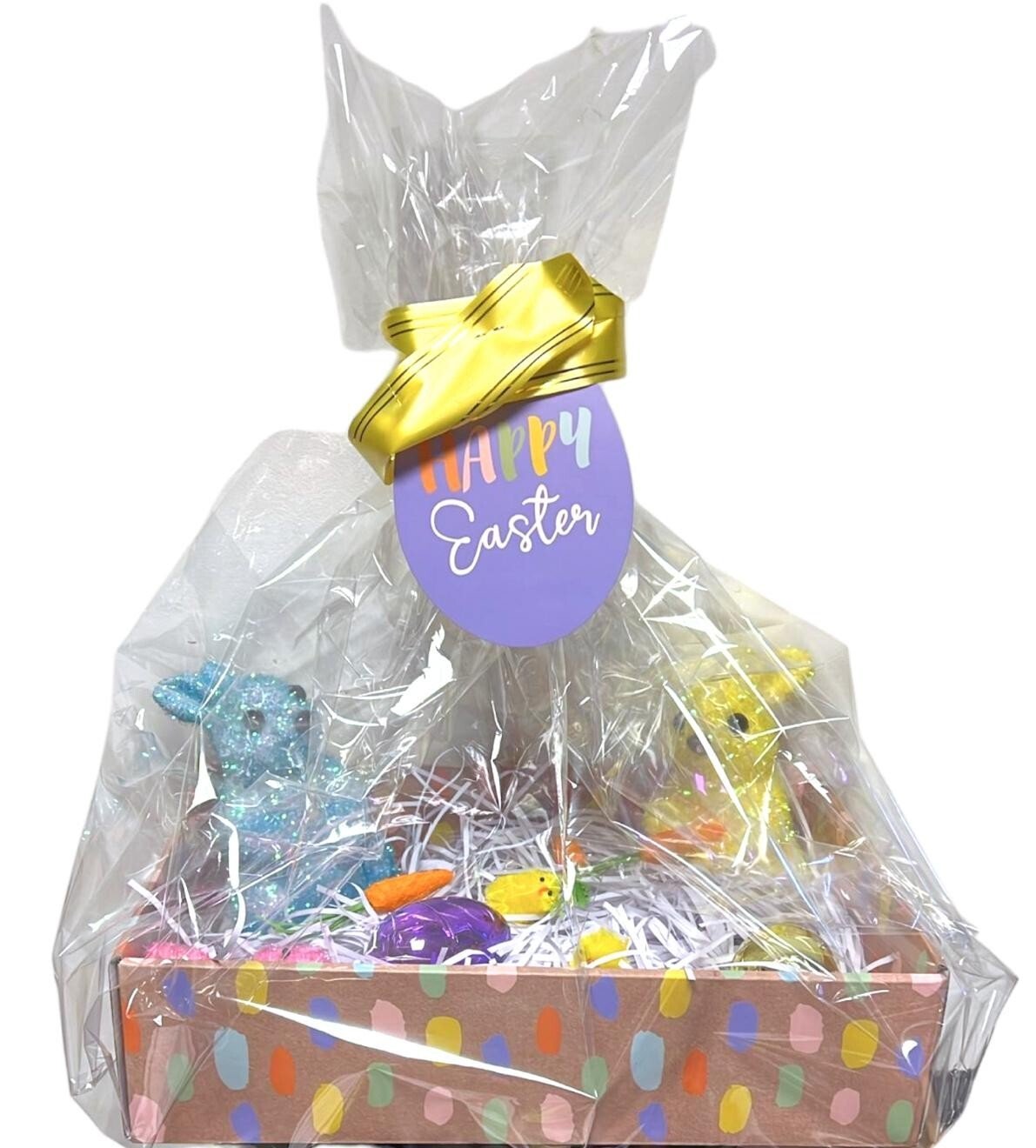 Easter Cardboard Gift Hamper Tray Easter Chicks Tinsel Bunny Easter eggs Wrap