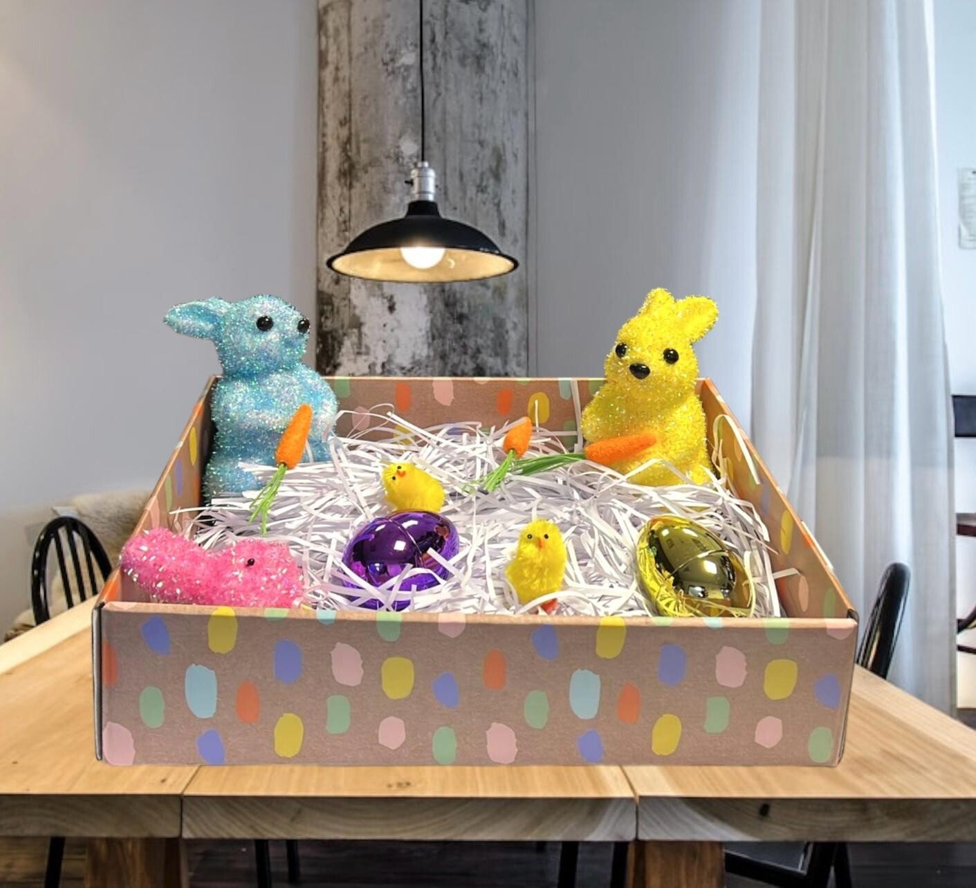 Easter Cardboard Gift Hamper Tray Easter Chicks Tinsel Bunny Easter eggs Wrap