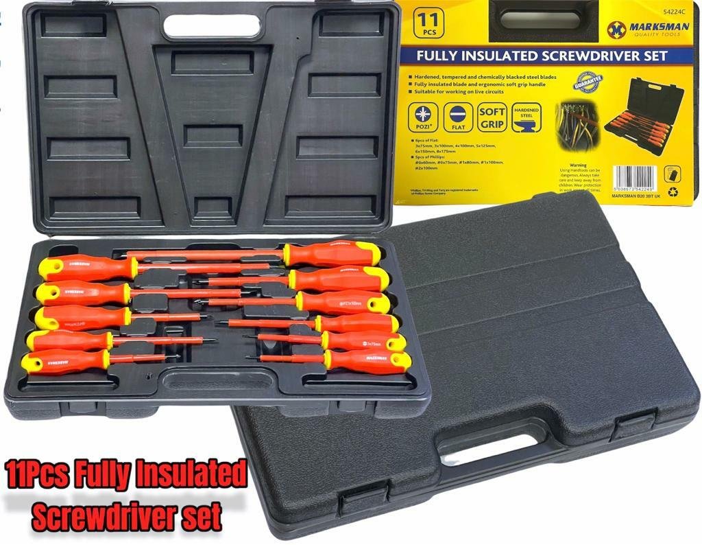 Electricians Screwdriver Set Tool Electrical Fully Insulated 11 Pc with Kit Case
