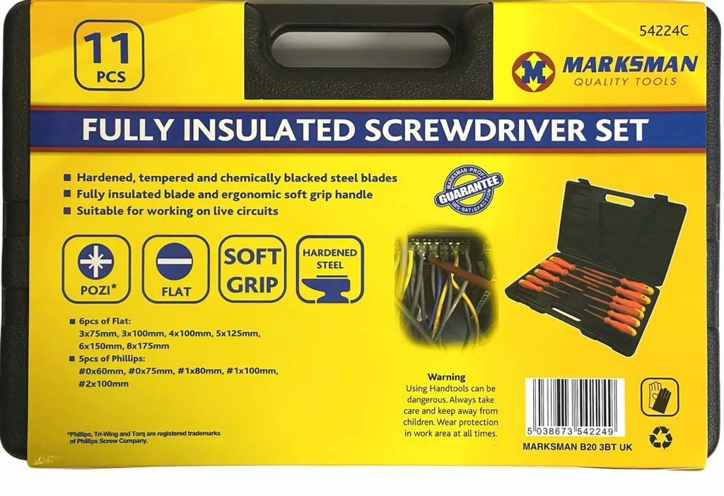 Electricians Screwdriver Set Tool Electrical Fully Insulated 11 Pc with Kit Case