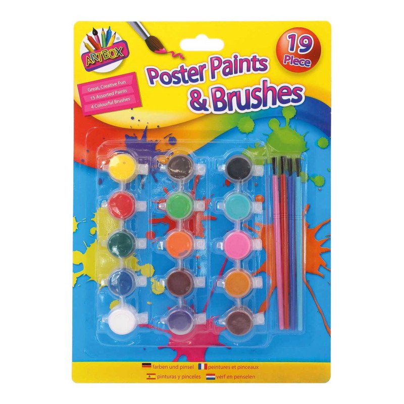 Childrens 15 x Poster Pot Paints 4 Brushes Kids Art Artist Craft Painting Set