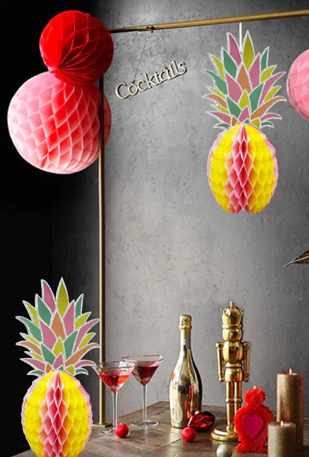 2 x Tropical Pineapple Party Decor Honeycomb Paper Tablescape Table Decoration