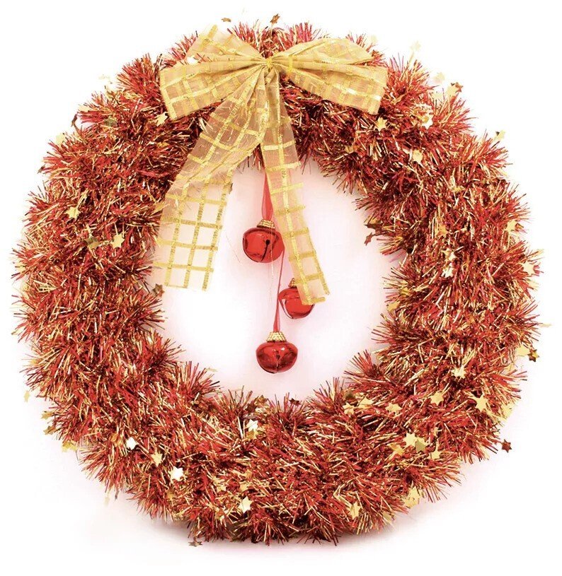 40cm Large Christmas Tinsel Wreath With Bell Wall Hanging Window Xmas Decoration