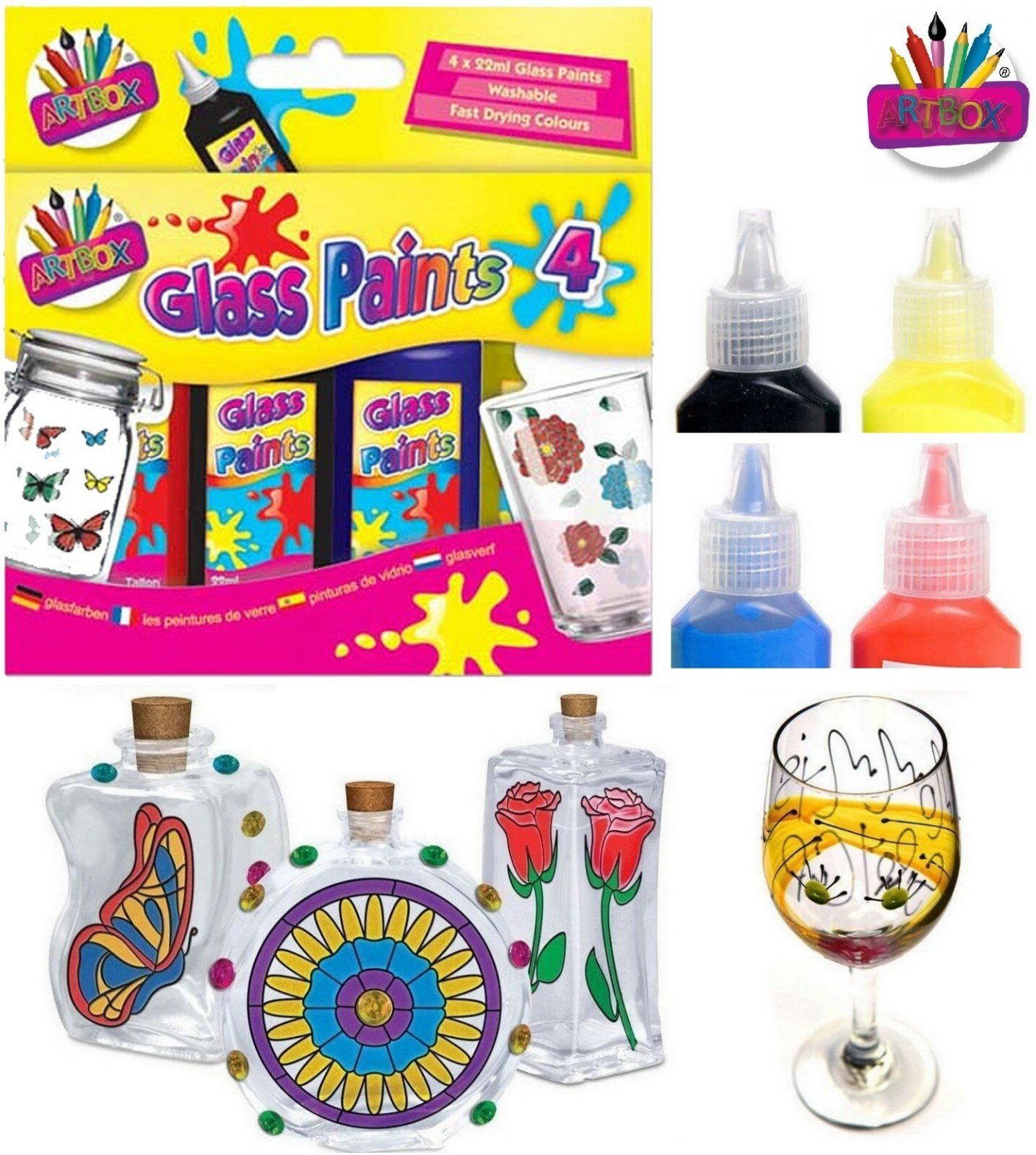 ArtBox Glass Paints Bright Assorted Colours 4x 22ml Make & Design Own Glass Art