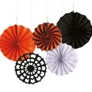Paper Fans Black/White Patterned Hanging Coloured Fan Set Party Decorations 5PCS
