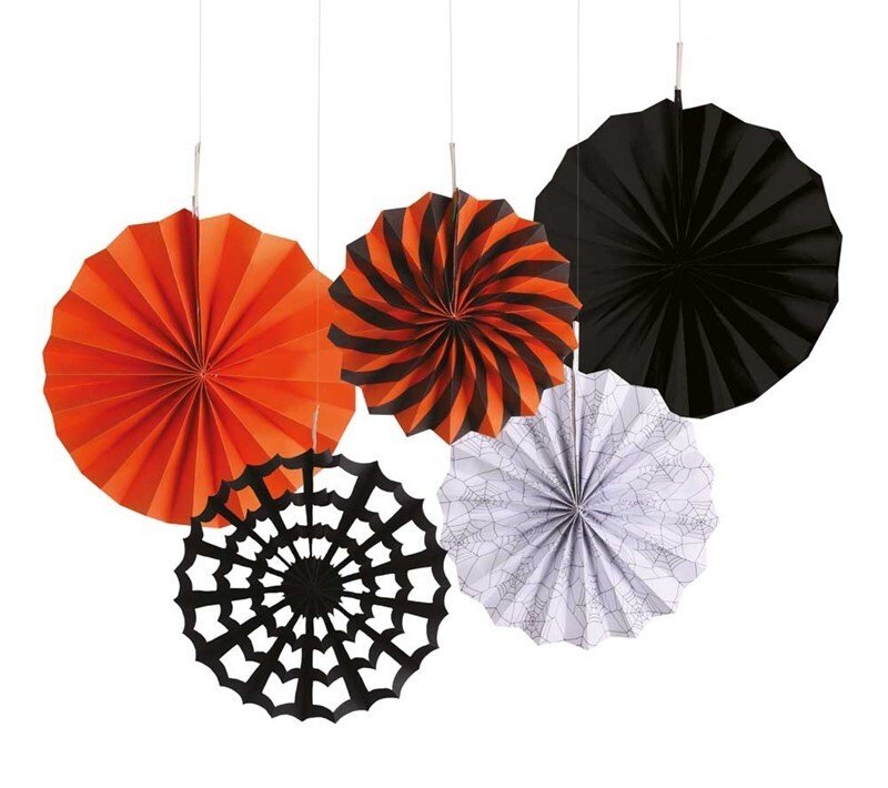 Paper Fans Black/White Patterned Hanging Coloured Fan Set Party Decorations 5PCS