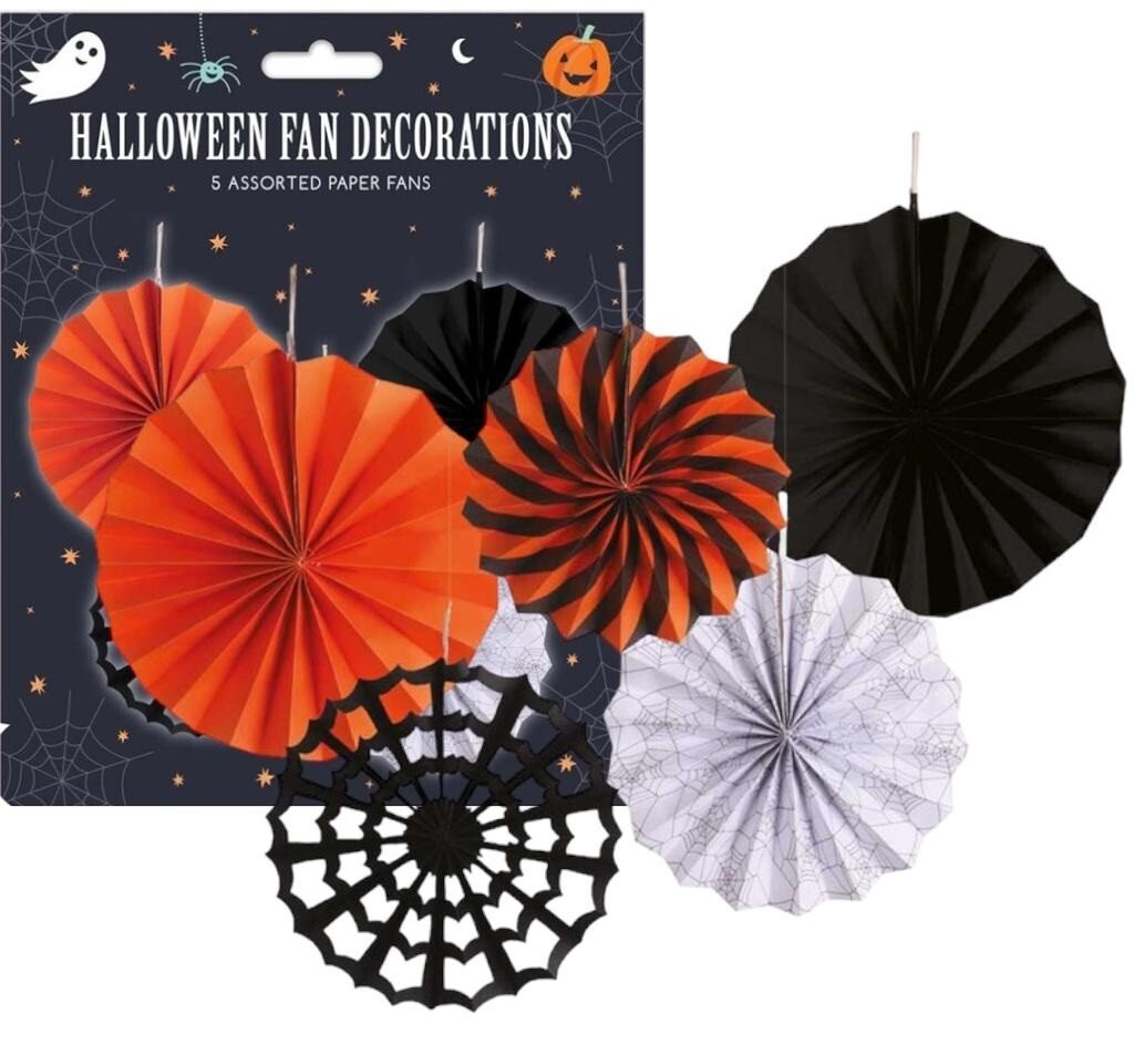 Paper Fans Black/White Patterned Hanging Coloured Fan Set Party Decorations 5PCS