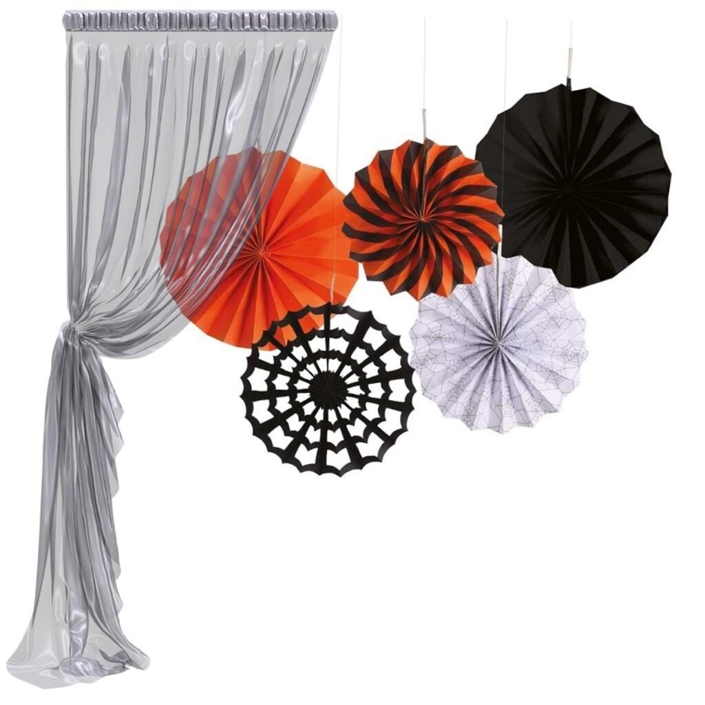 Paper Fans Black/White Patterned Hanging Coloured Fan Set Party Decorations 5PCS