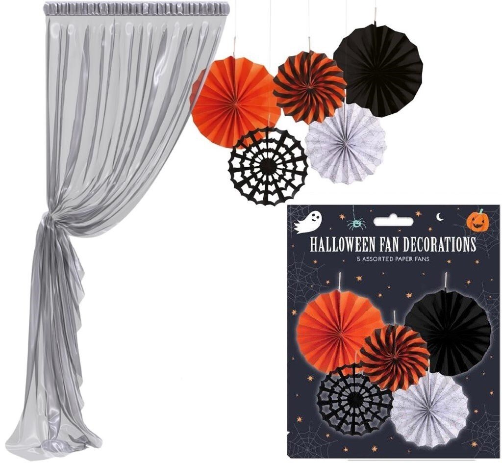 Paper Fans Black/White Patterned Hanging Coloured Fan Set Party Decorations 5PCS