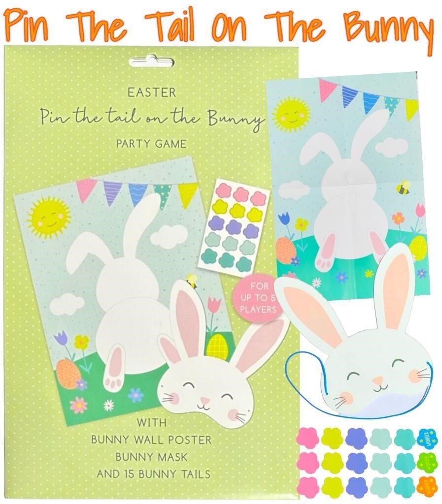 Pin the Tail on The Bunny Easter Game Rabbit Family Game Poster, Mask & Stickers