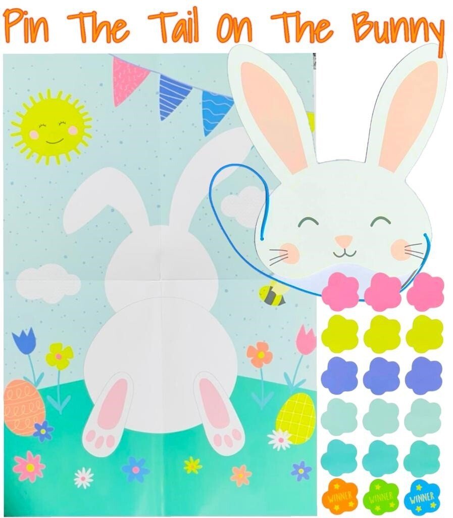 Pin the Tail on The Bunny Easter Game Rabbit Family Game Poster, Mask & Stickers