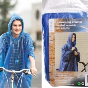 Adult Rain Poncho Blue Waterproof Plastic Disposable Rain Hat Hood Ladies Mens
