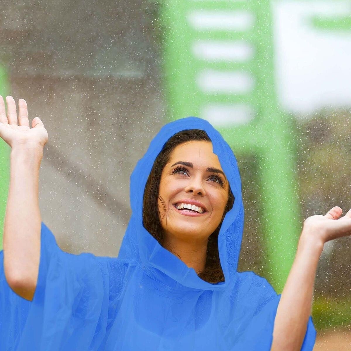 Adult Rain Poncho Blue Waterproof Plastic Disposable Rain Hat Hood Ladies Mens