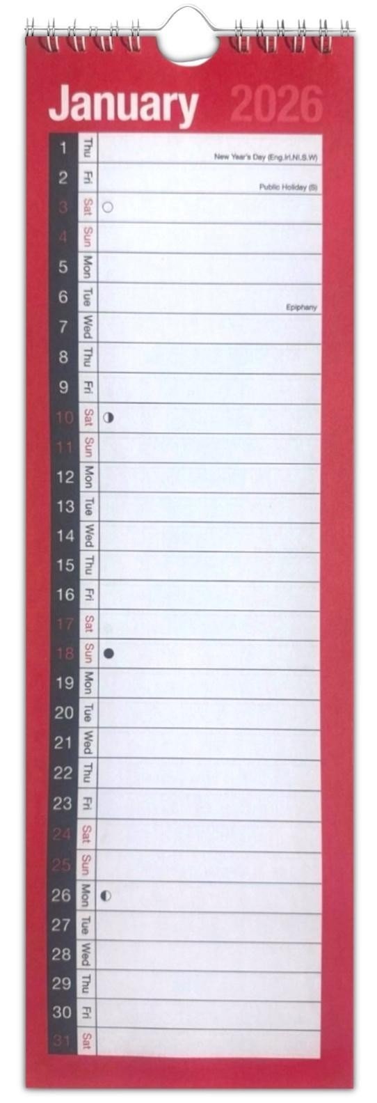 2026 Slim Month To View 1 Column Spiral Bound Wall Planner Calendar Organiser