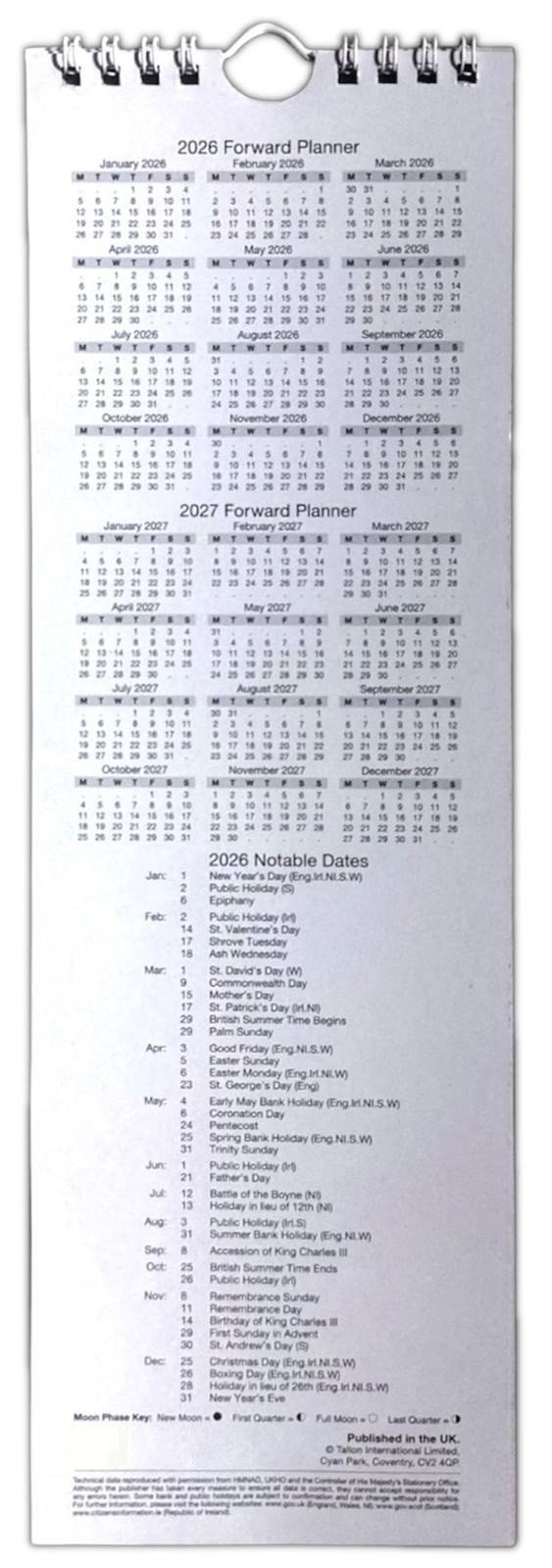 2026 Slim Month To View 1 Column Spiral Bound Wall Planner Calendar Organiser
